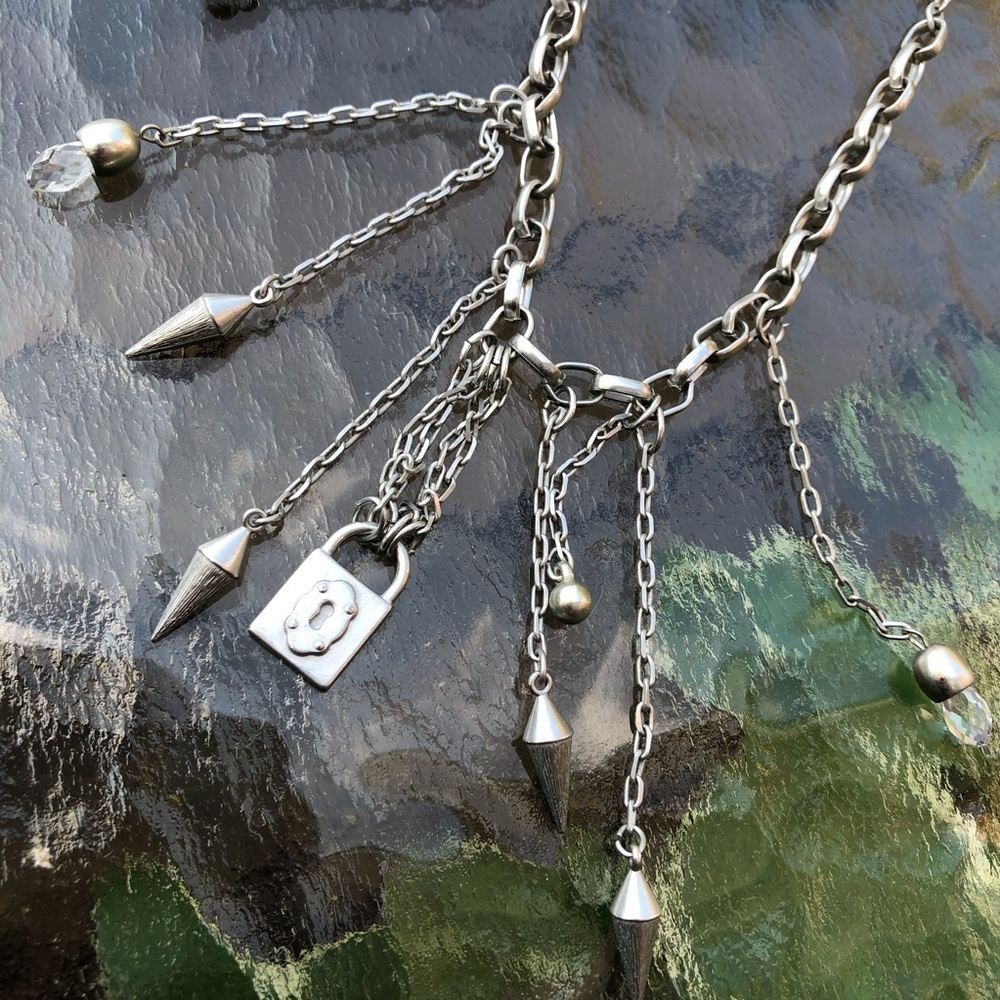 LB Necklace Locket Crystals Spike Charms Key Unique at Clasps Silvertone NWOT